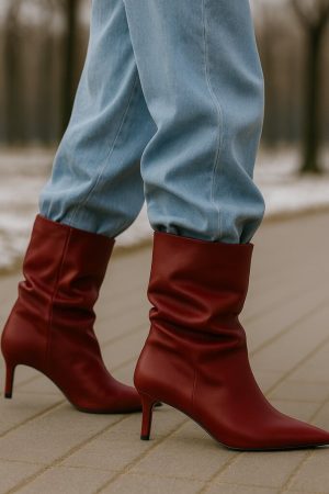 Bordowe botki z szeroką cholewką na obcasie K686 - Styl biznesowy