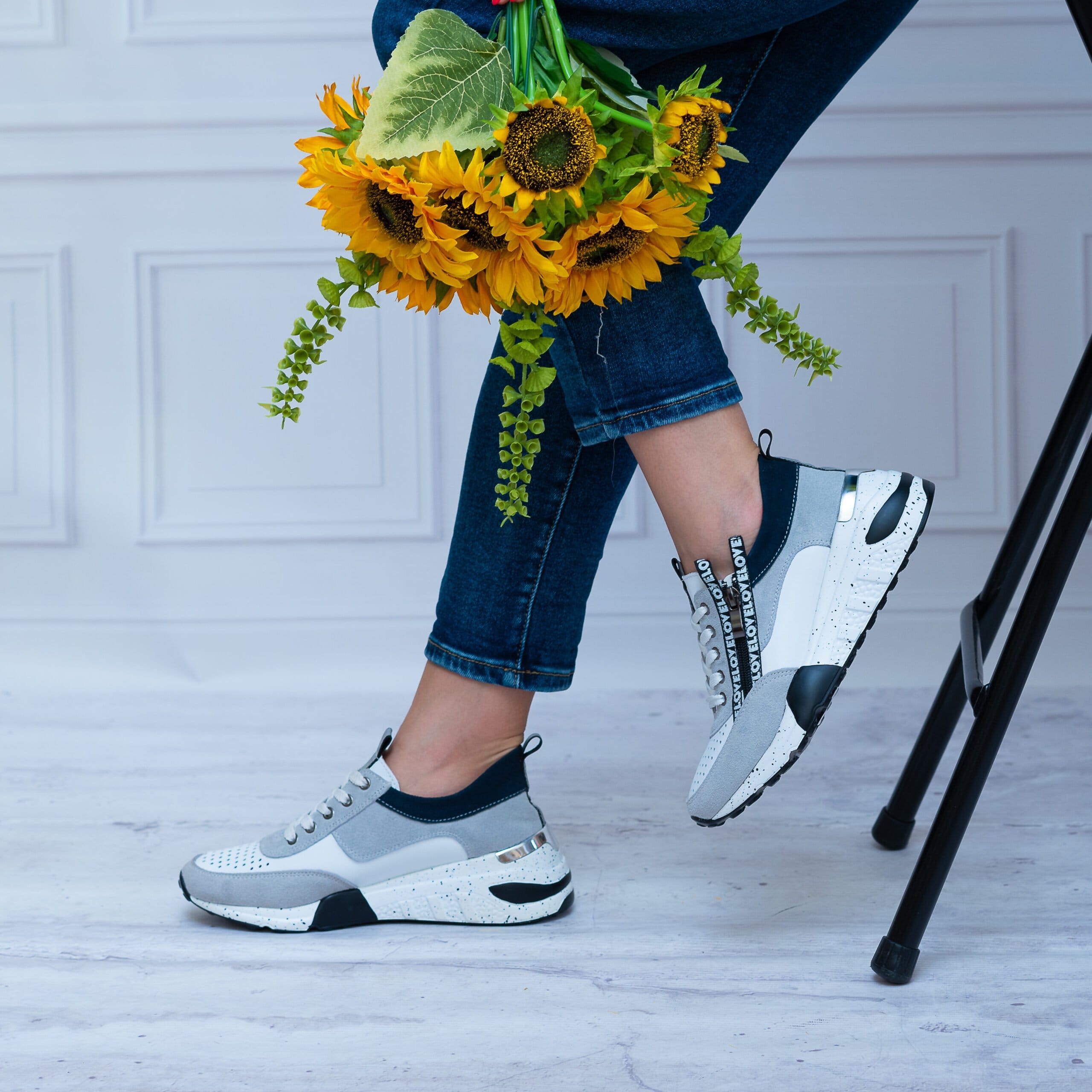Szare Buty Sportowe Damskie Na Koturnie Skóra Wygodne Buty 40