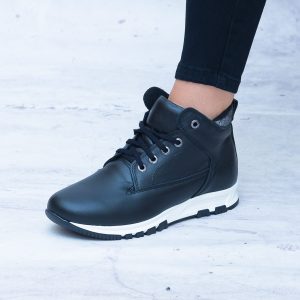 Czarne Buty Sportowe Damskie Skórzane- Wygodne Buty Damskie - Styl miejski