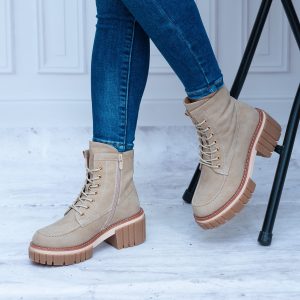 Beżowe Botki Damskie Na Grumym Spodzie- Modne Buty Damskie Evento - Styl casualowy