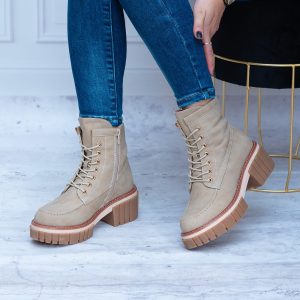Beżowe Botki Damskie Na Grumym Spodzie- Modne Buty Damskie Evento