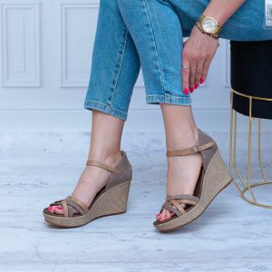 Hiszpański Sandał na Koturnie Skóra POR-2448-TAUPE Pełny Tył - Styl klasyczny