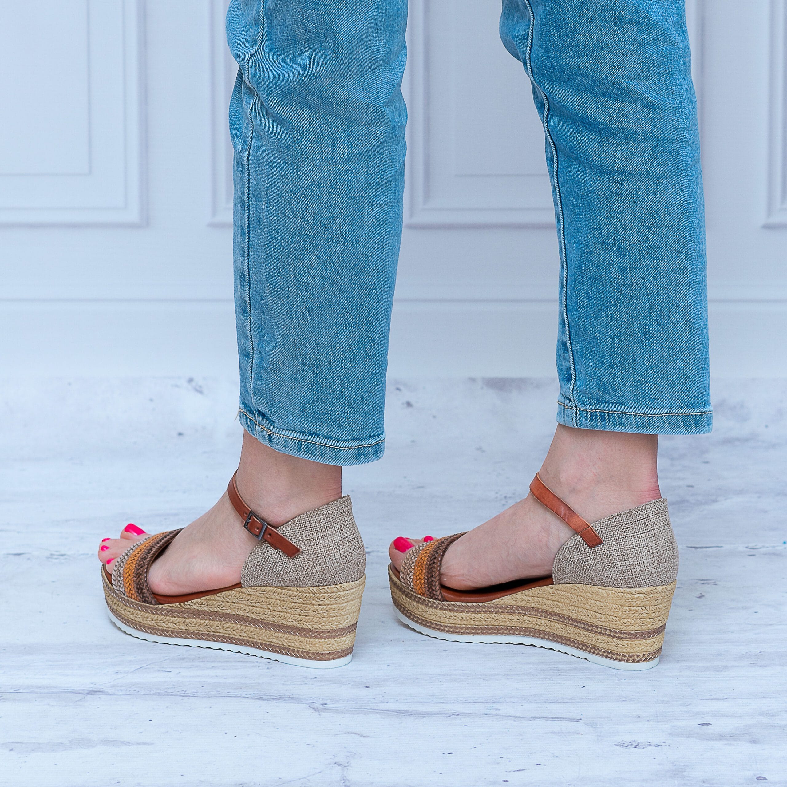 Hiszpański Sandał na Koturnie Skóra POR-2440-Brąz - Styl boho
