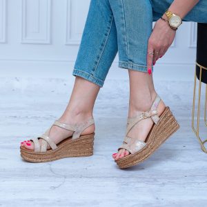 Sandały Damskie Contes 614 Beż/Brokat Skóra Wygodne Buty - Styl miejski