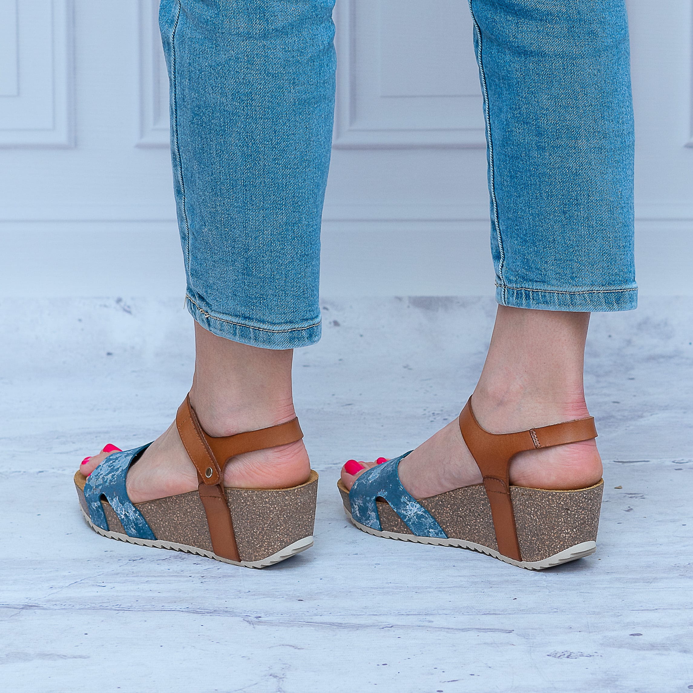 Hiszpańskie Sandały na Korkowej Koturnie 51119 Skóra Niebieski/Brąz - Styl boho