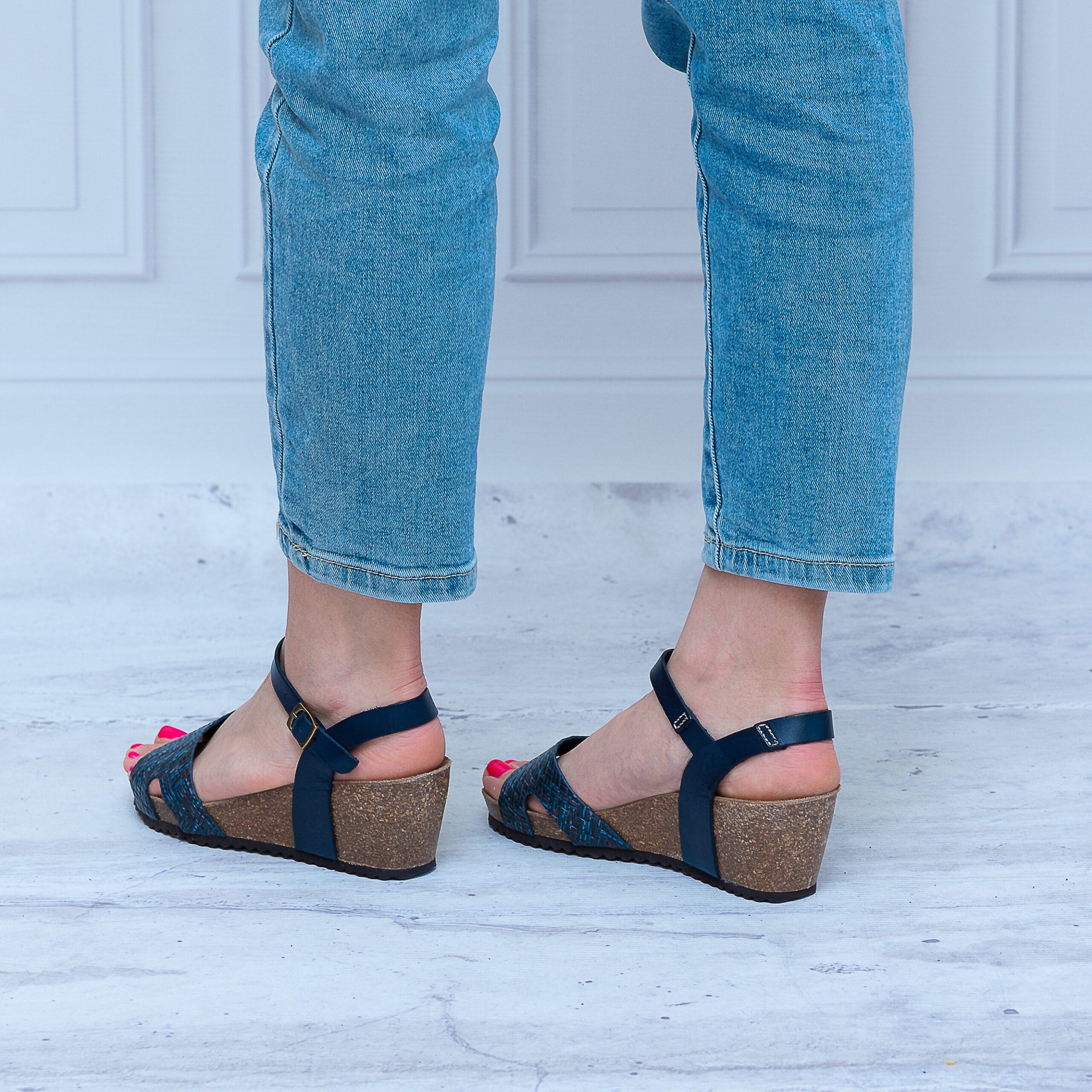 Hiszpańskie Sandały na Korkowej Koturnie 114/F Skóra Niebieski - Styl boho
