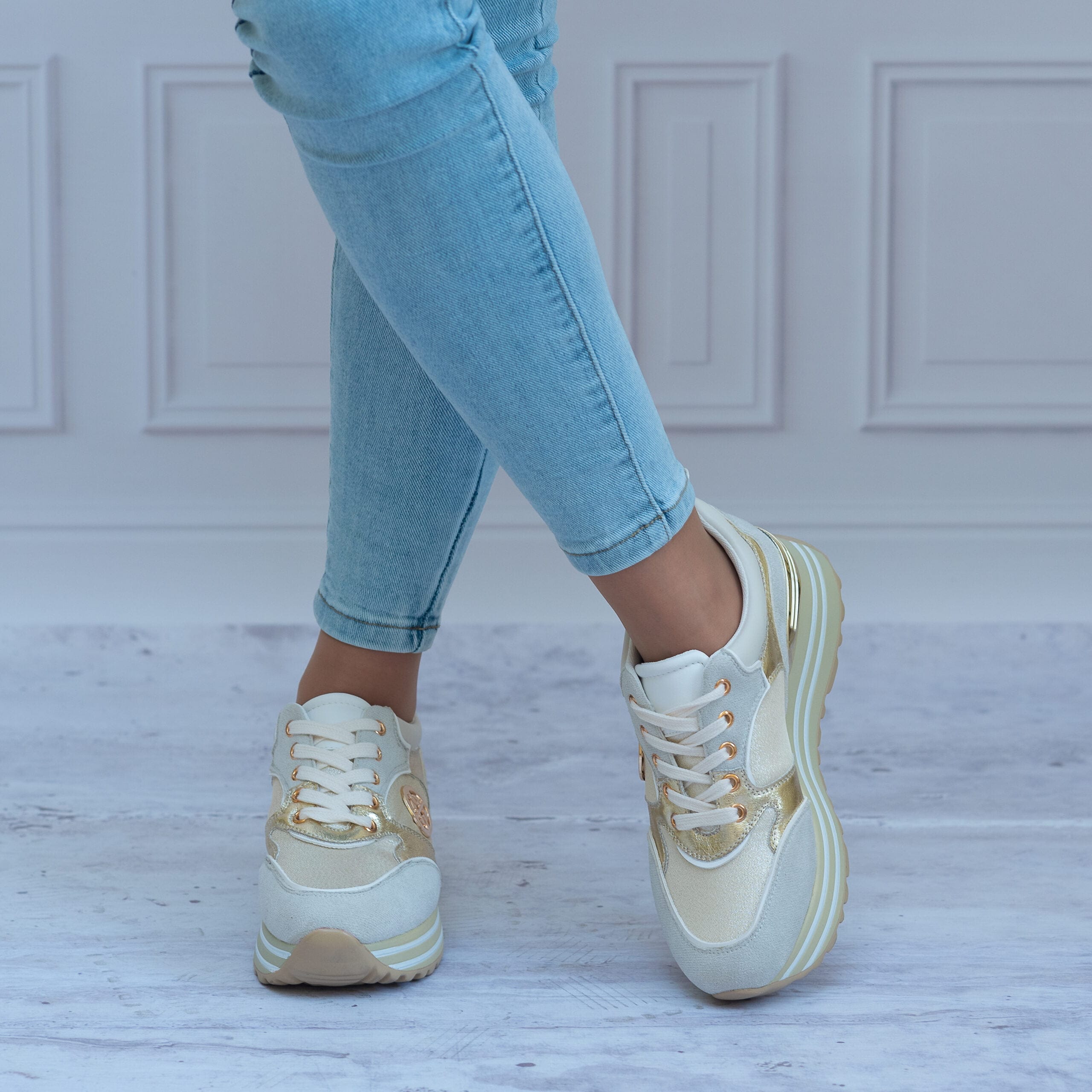 Sneakersy damskie POTOCKI 23-12025-Gold/Beige - Styl sportowy