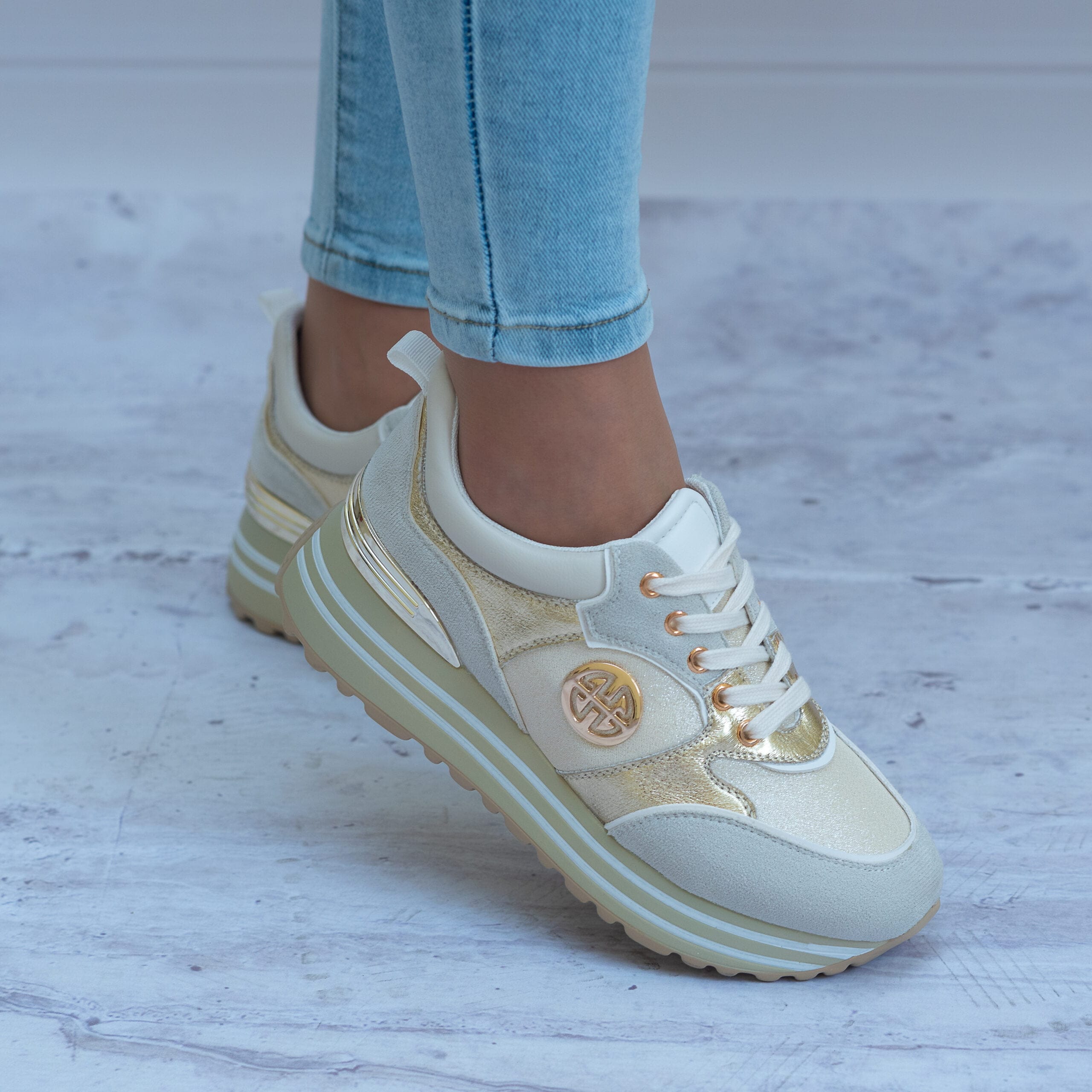 Sneakersy damskie POTOCKI 23-12025-Gold/Beige - Do spodni