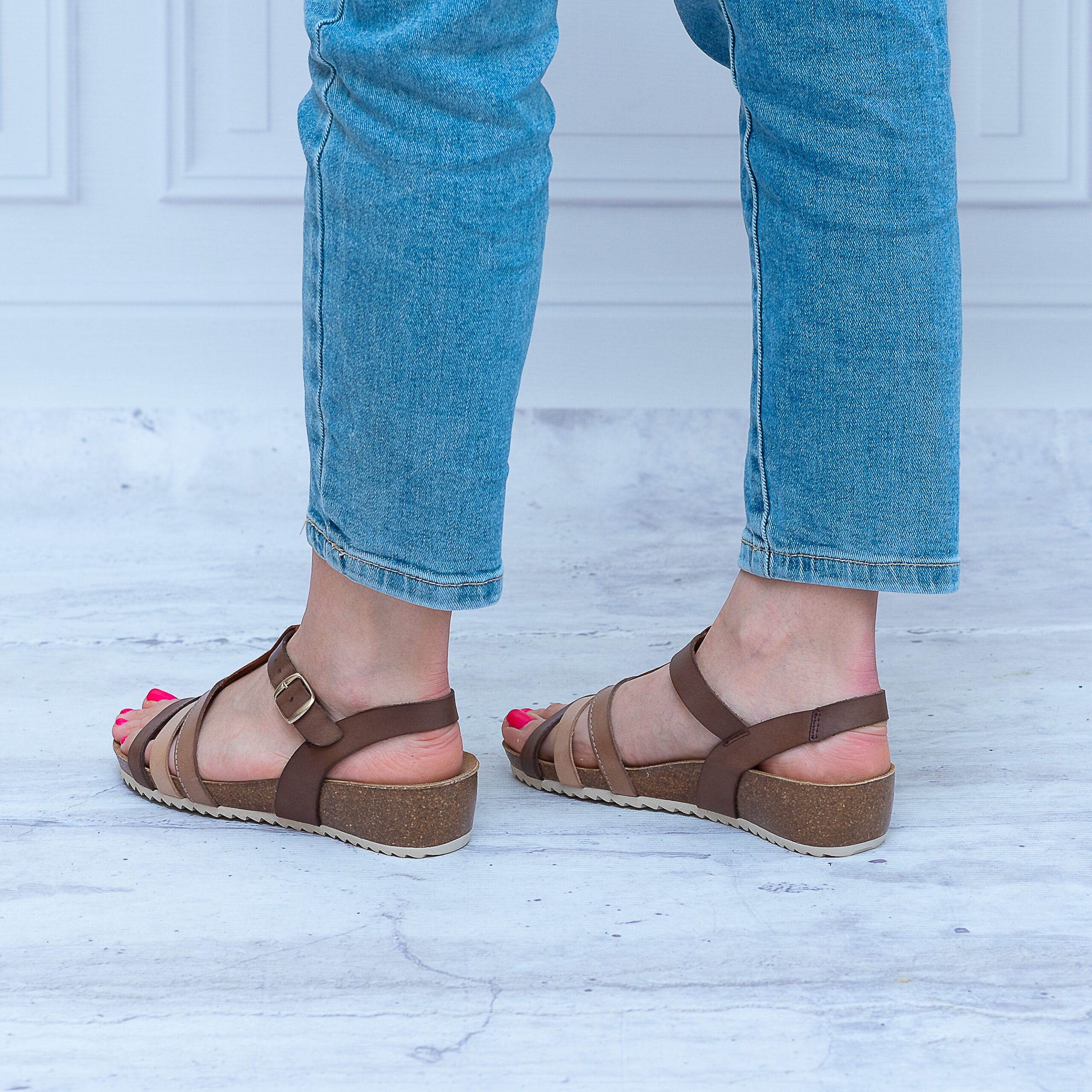 Beżowe Sandały Na Koturnie 26133 Skórzane Buty Na Lato - Styl miejski