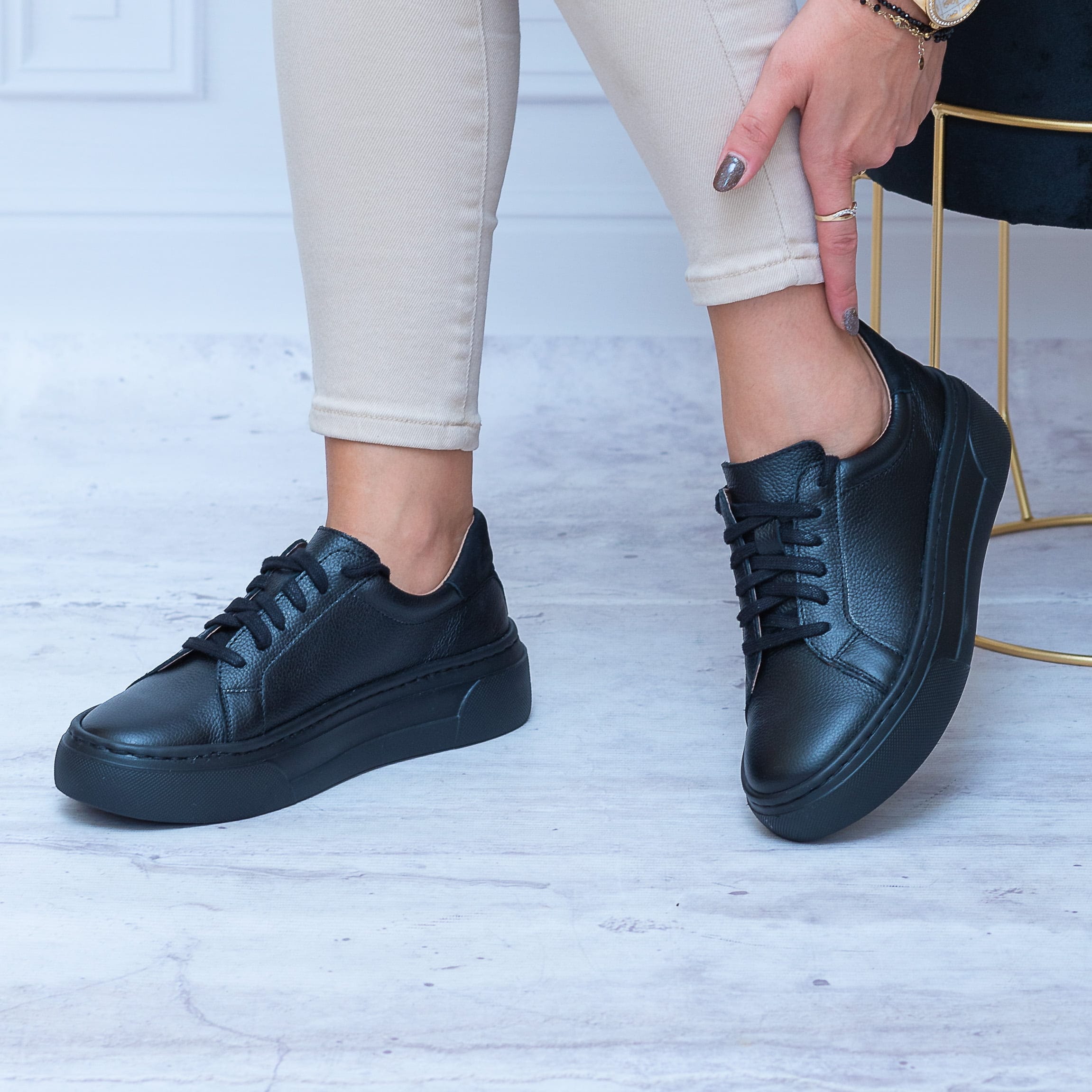 Czarne Sneakersy Skórzane Damskie WASAK Jesienne Buty Damskie