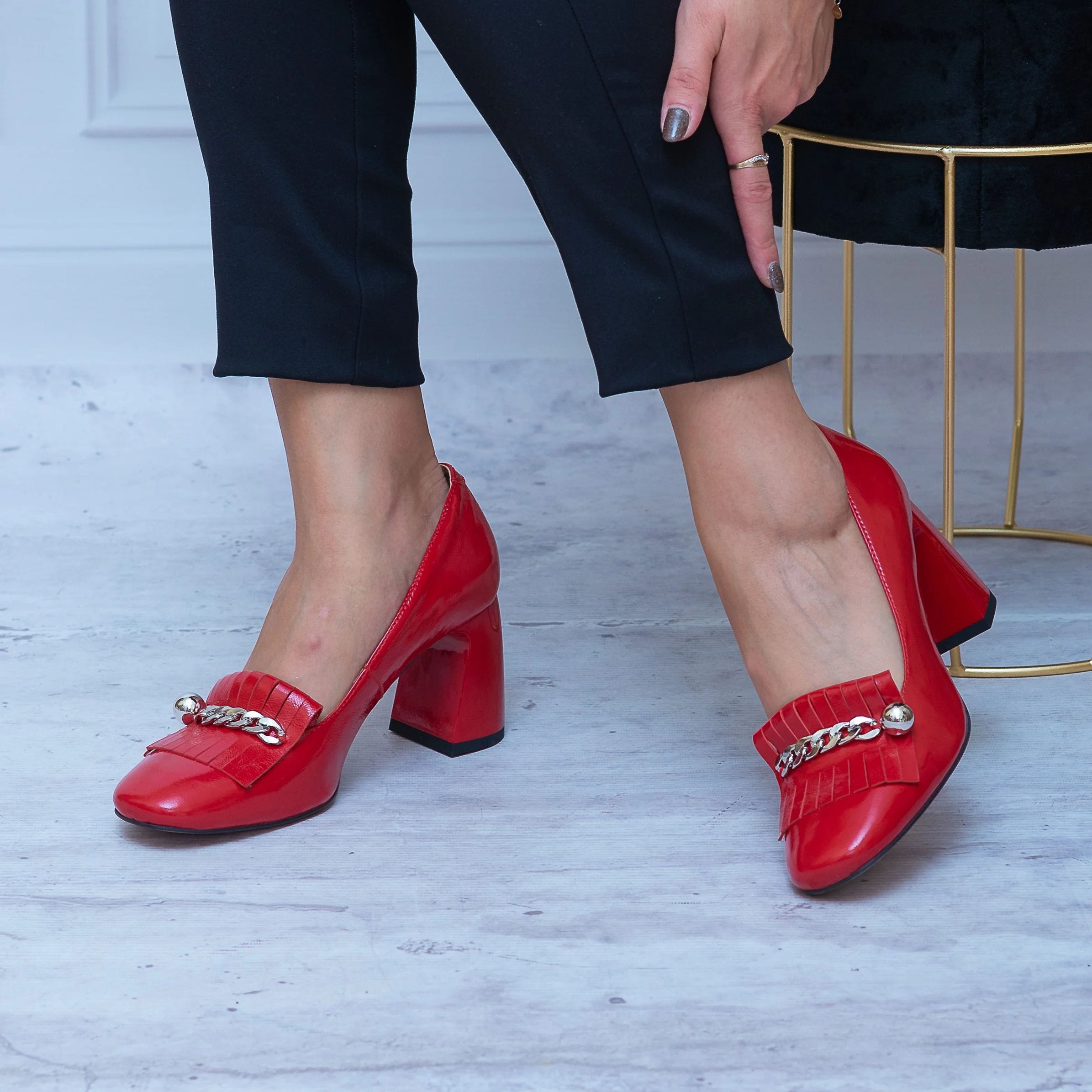 Czerwone Czółenka Na Słupku Skórzane SIMEN Wygodne Buty Na Jesień - Styl elegancki
