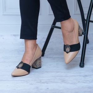 Czółenka Ze Skóry Beżowe Damskie- Buty Jesienne Na Obcasie Kordel
