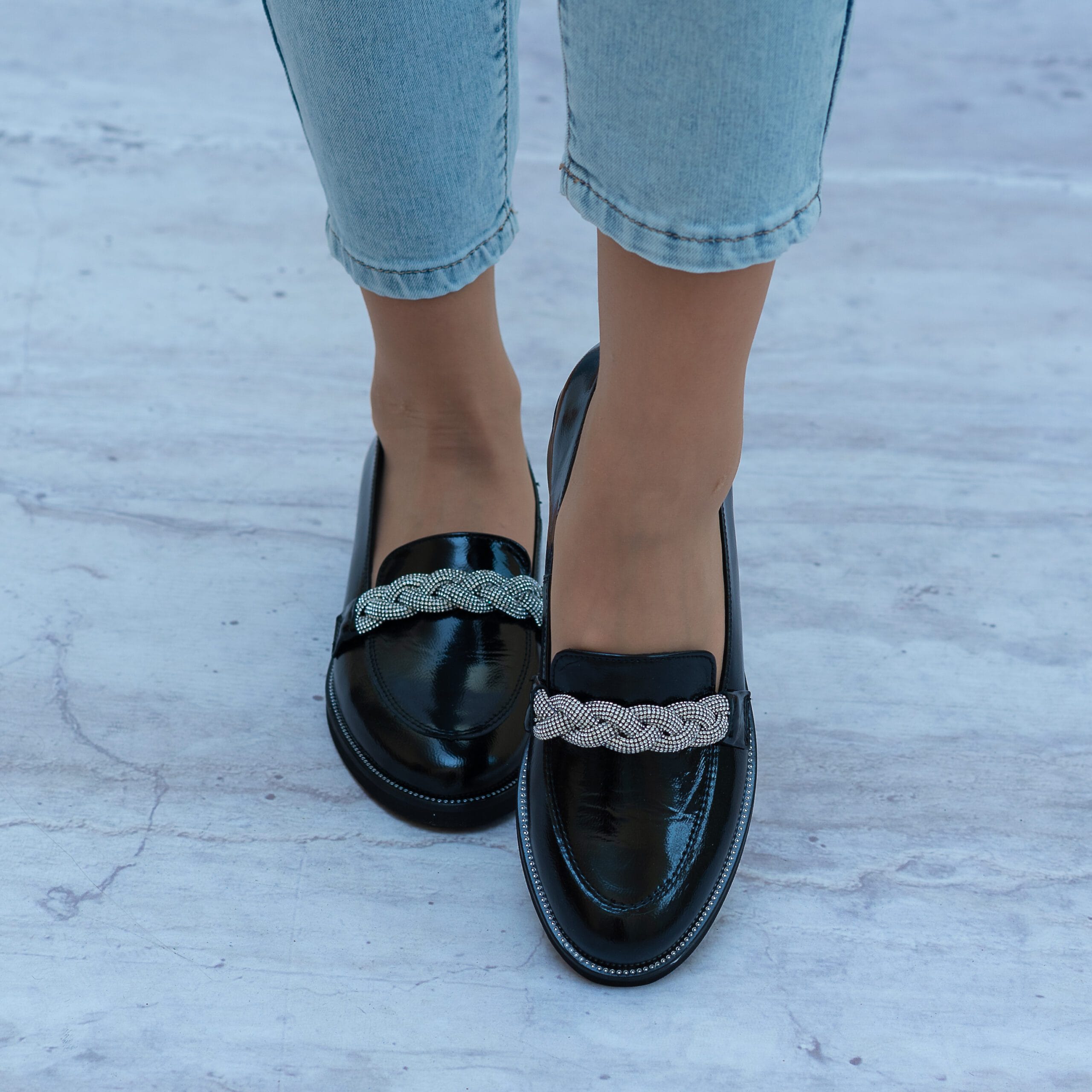 Mokasyny Czarne Lakier AF-1087 PULSO - Na lato