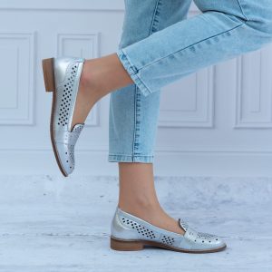 Mokasyny ażurowe srebrne ze skóry naturalnej PULSO AF-1092 - Styl klasyczny