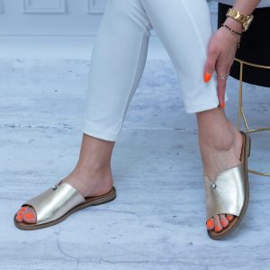 Klapki Skórzane Złote – Klapki Na Płaskim Spodzie – BK L22-458 Gold - Styl casualowy