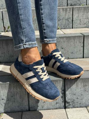 Skórzane sneakersy damskie granatowe zamszowe Goodin LX1080D - Styl casualowy