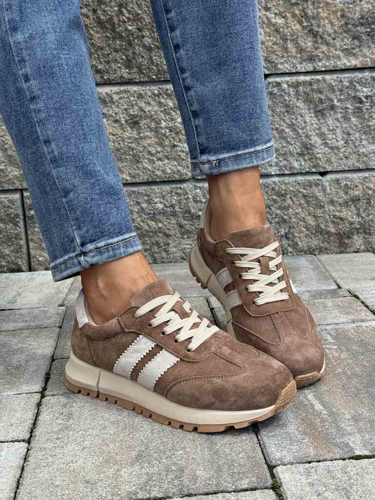 Skórzane sneakersy damskie beżowe zamszowe Goodin LX1080D - Na wiosnę