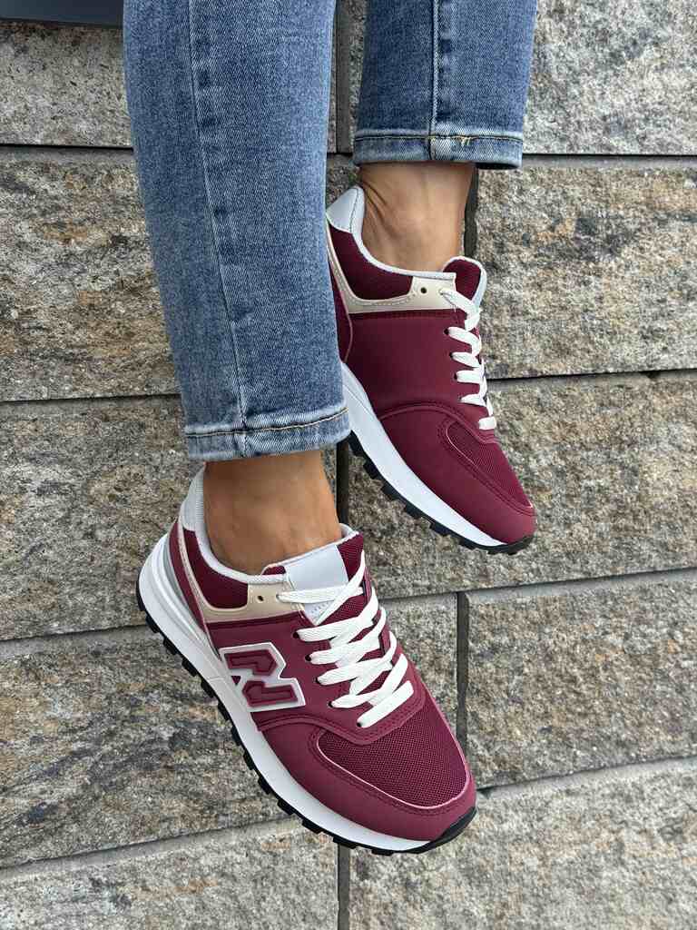 Bordowe sneakersy damskie na grubej podeszwie 99001 - Styl casualowy