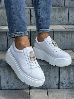 Białe sneakersy damskie na platformie ze skóry CAMBELL 25-00603 - Styl casualowy