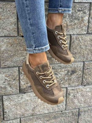 Brązowe buty sportowe skórzane z siatką W1402 Loretta Vitale - Styl casualowy