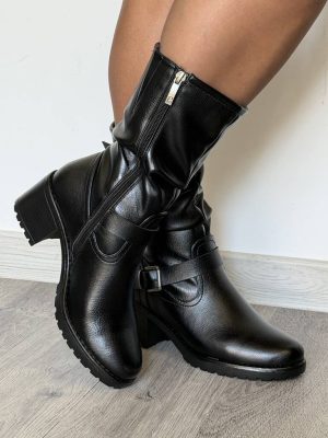 Kozaki damskie czarne na obcasie z klamrami i suwakiem Potocki 12706 - Styl elegancki