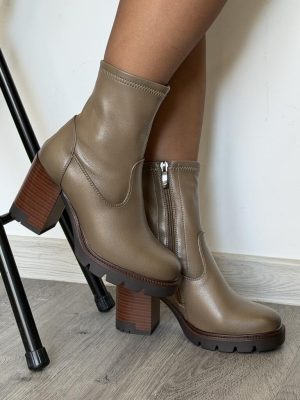 Botki damskie na słupku z zamkiem Potocki 12419 Khaki - Styl casualowy