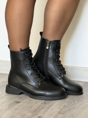 Botki damskie czarne sznurowane skórzane z suwakiem DBT6520/25 - Styl miejski