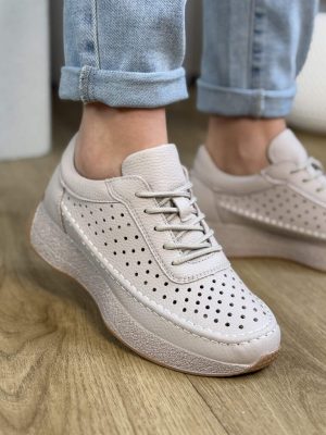 Szare skórzane sneakersy damskie ażurowe Sergio Leone SP-013 - Na wiosnę