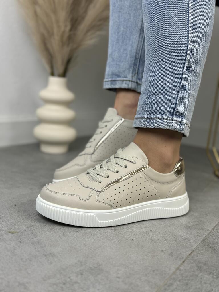 Beżowe Sneakersy Skórzane Damskie – GOODIN GD-XF-80 Beige/Gold - Na jesień