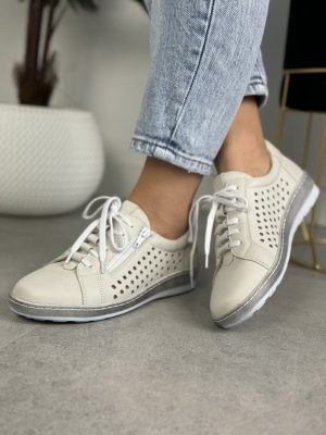 Białe półbuty damskie ażurowe WASAK 0688 Biały Groszek/Grey - Do jeansów