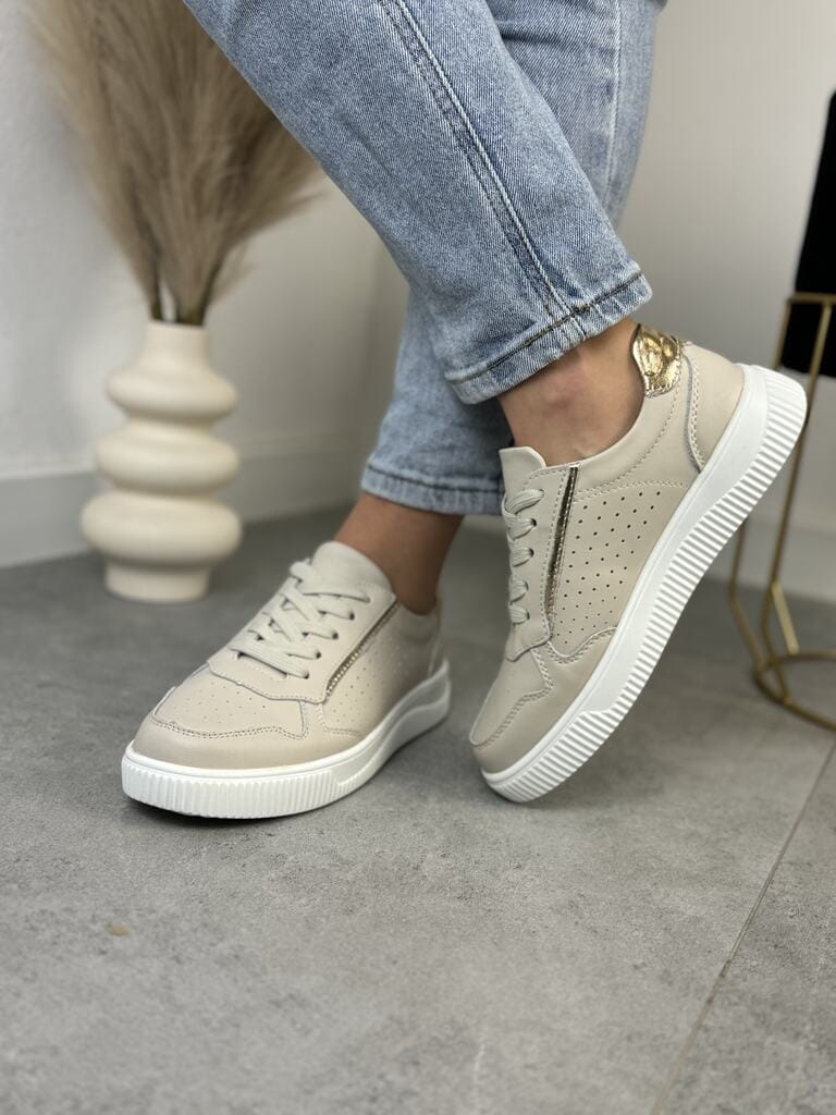 Beżowe Sneakersy Skórzane Damskie – GOODIN GD-XF-80 Beige/Gold - Styl komfortowy