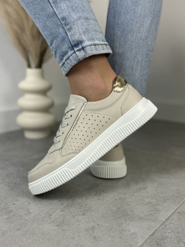 Beżowe Sneakersy Skórzane Damskie – GOODIN GD-XF-80 Beige/Gold - Do jeansów