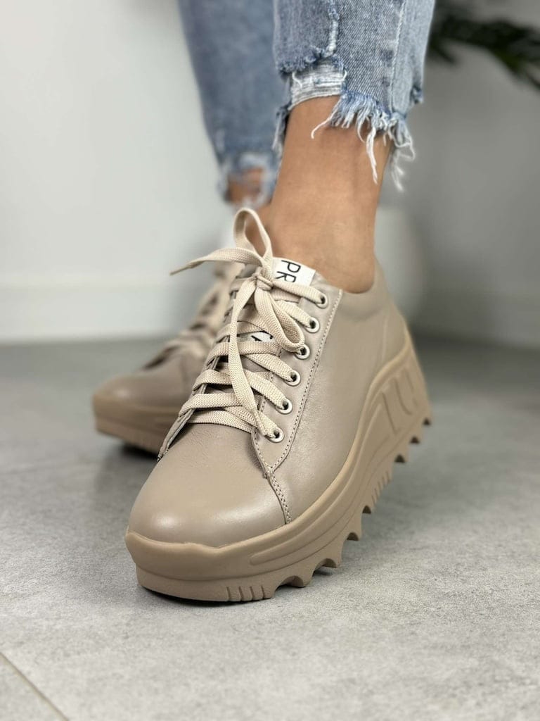 Beżowe Sneakersy Na Grubej Podeszwie – Buty Jesienne Damskie Eleganckie - Styl miejski