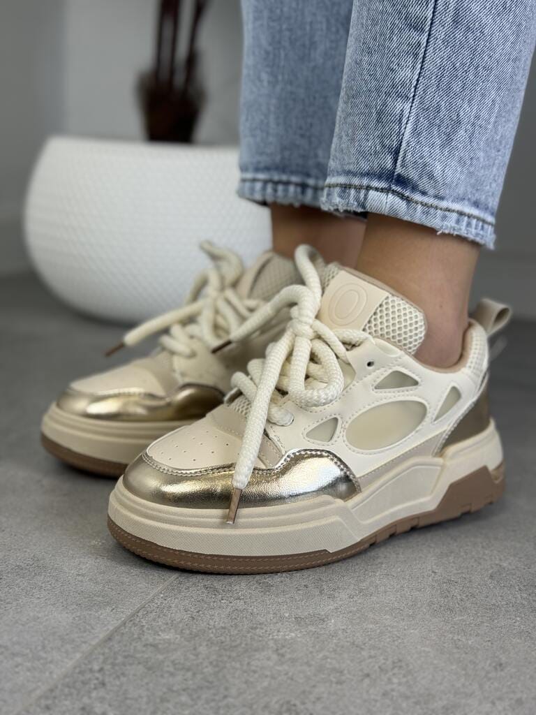 Buty sportowe na grubej podeszwie beżowe – Wygodne sneakersy damskie 7566 Beige - Do jeansów