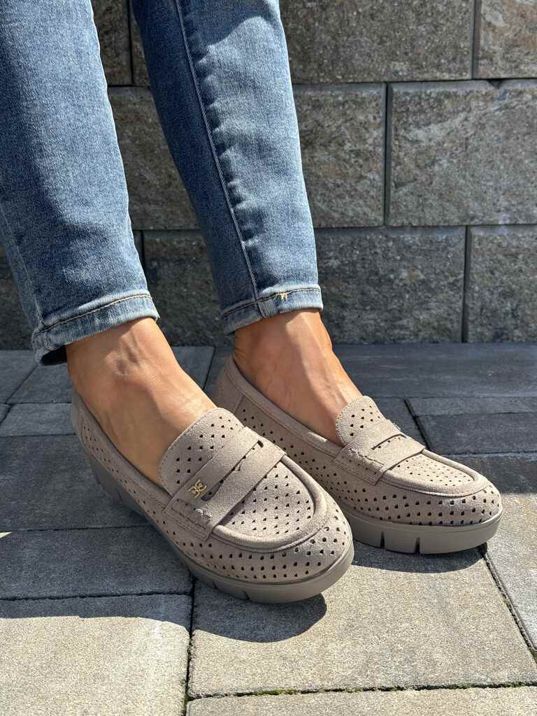 Ażurowe mokasyny damskie na koturnie khaki 12608 Potocki - Styl casualowy