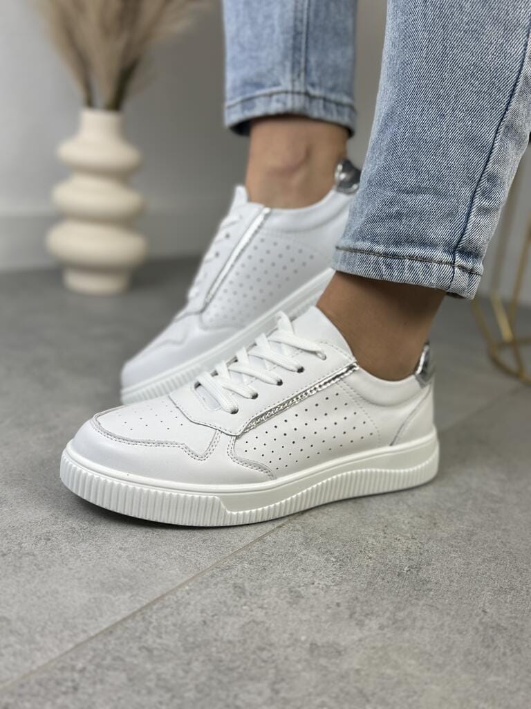 Skórzane białe sneakersy damskie – GOODIN GD-XF-80 White/Silver - Styl miejski