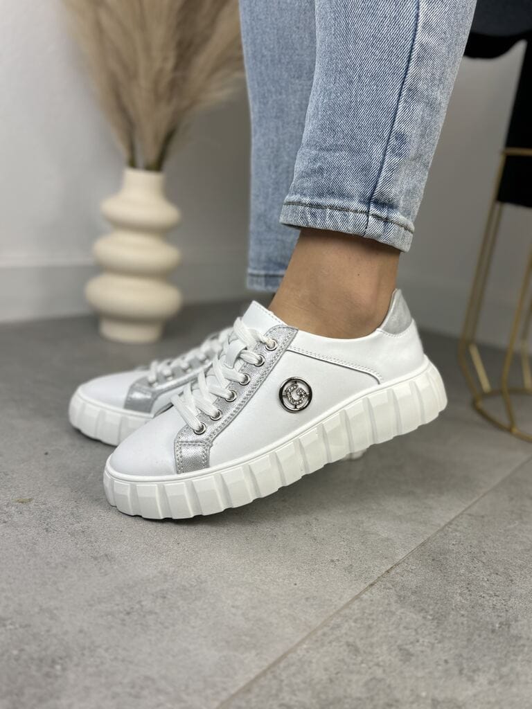 Białe Skórzane Sneakersy Damskie – GOODIN GD-XF-71 White/Silwer - Do jeansów