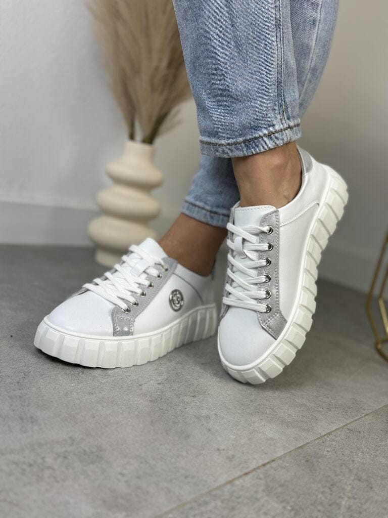 Białe Skórzane Sneakersy Damskie – GOODIN GD-XF-71 White/Silwer - Na wiosnę