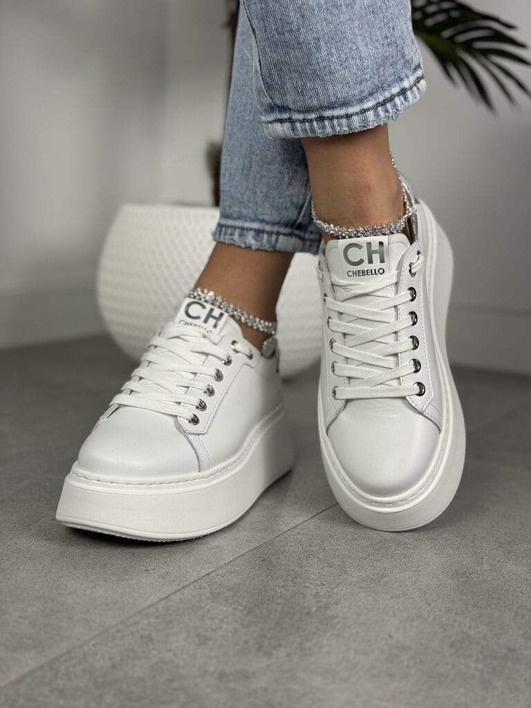 Sneakersy damskie skórzane – Modne buty na grubej podeszwie Chebello 4406 biały - Na wiosnę