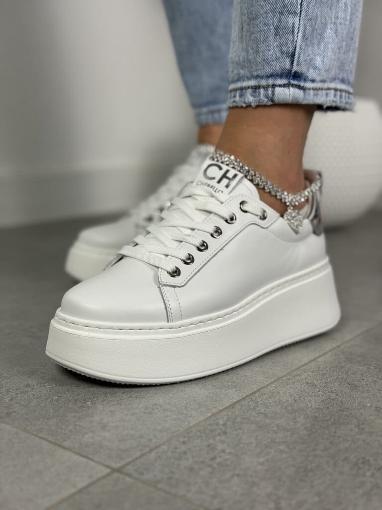 Sneakersy damskie skórzane – Modne buty na grubej podeszwie Chebello 4406 biały - Styl sportowy