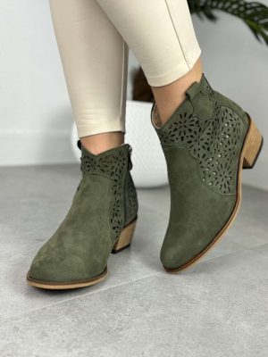 Zielone botki ażurowe na niskim obcasie – Modne Buty Pulso B-124 Khaki