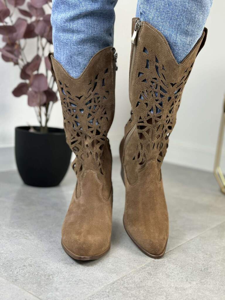 Brązowe Kozaki Ażurowe Na Słupku – Modne Buty Lewski 3322 - Na lato