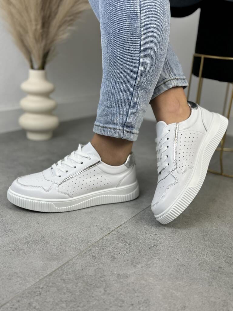 Skórzane białe sneakersy damskie – GOODIN GD-XF-80 White/Silver - Do spodni