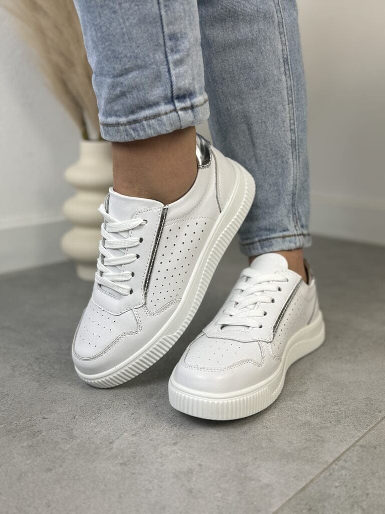 Skórzane białe sneakersy damskie – GOODIN GD-XF-80 White/Silver - Na lato
