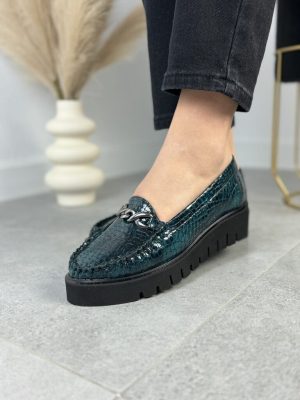 Najmodniejsze Mokasyny Damskie Skórzane PULSO AF-1022 Turkus Wąż - Styl klasyczny