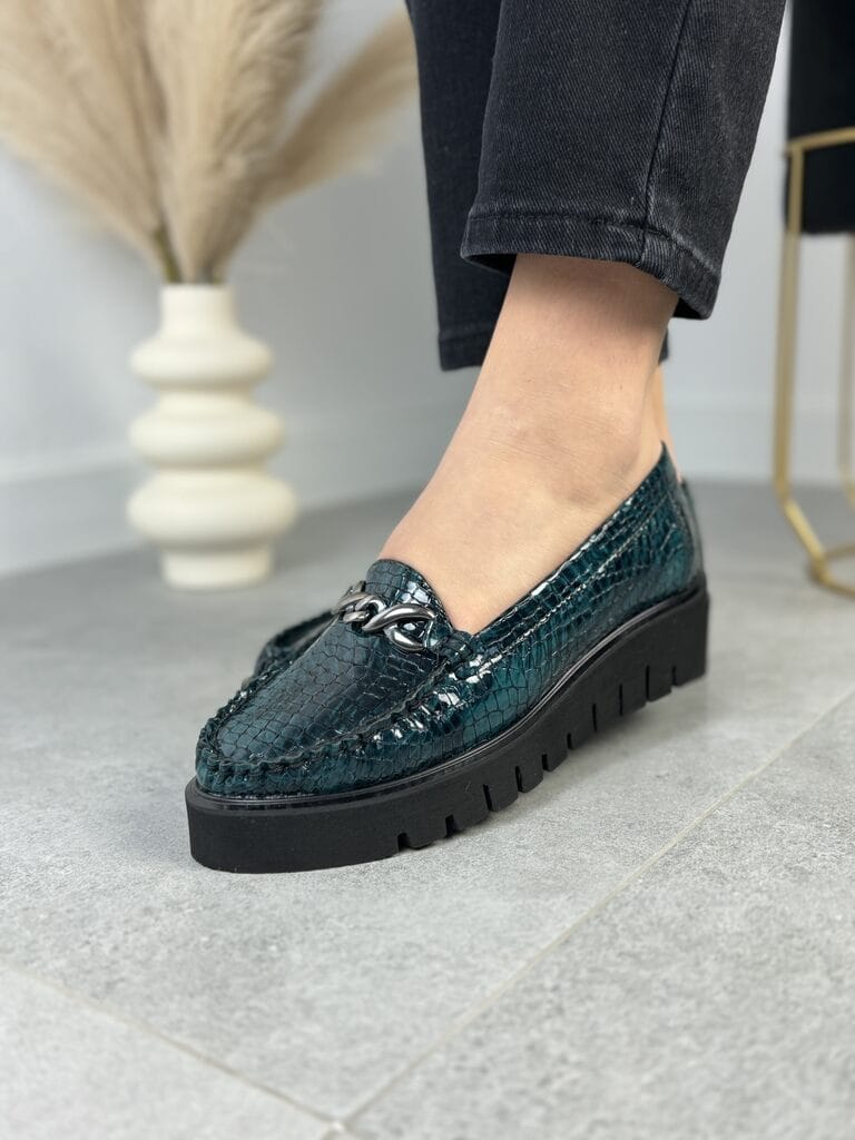 Najmodniejsze Mokasyny Damskie Skórzane PULSO AF-1022 Turkus Wąż - Styl klasyczny