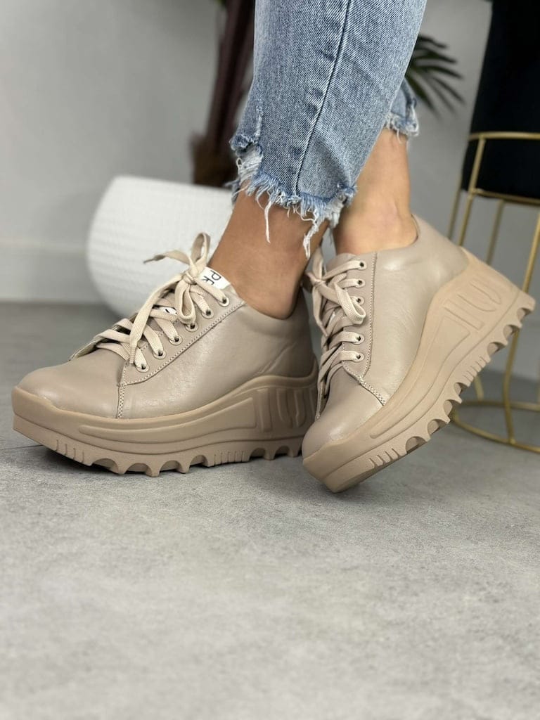Beżowe Sneakersy Na Grubej Podeszwie – Buty Jesienne Damskie Eleganckie - Na wiosnę