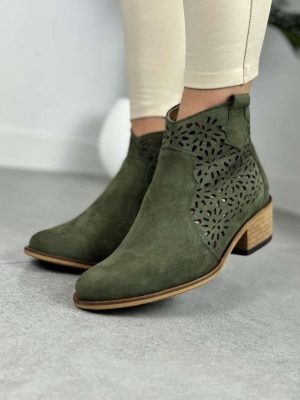 Zielone botki ażurowe na niskim obcasie – Modne Buty Pulso B-124 Khaki - Styl elegancki