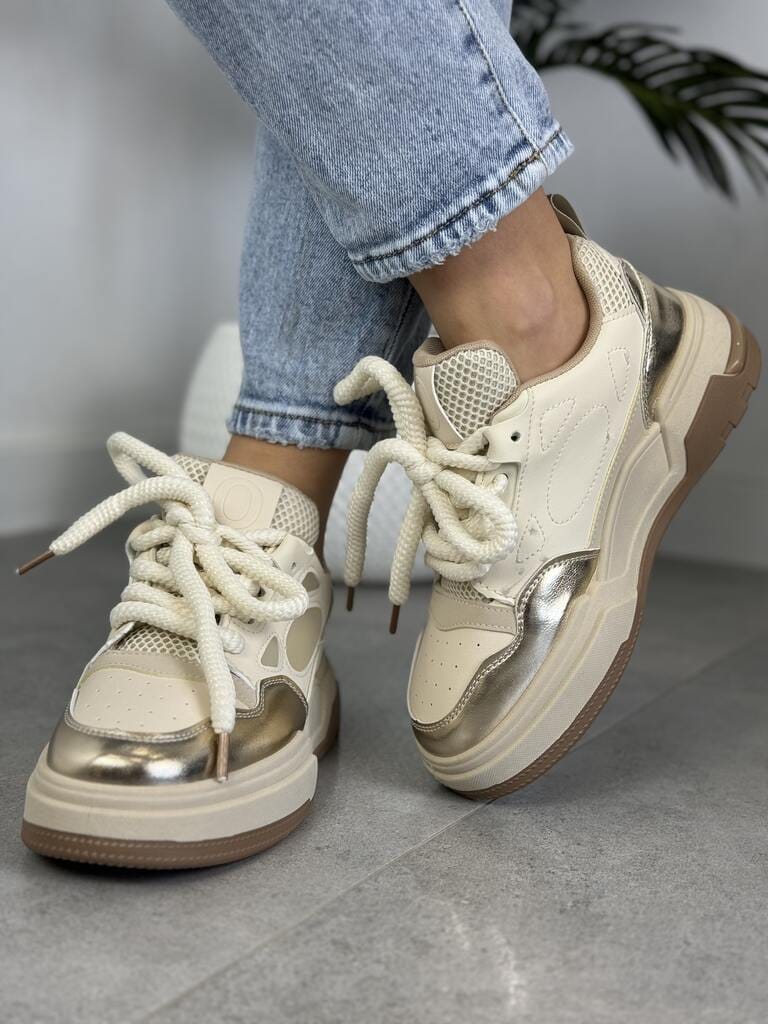 Buty sportowe na grubej podeszwie beżowe – Wygodne sneakersy damskie 7566 Beige - Na wiosnę