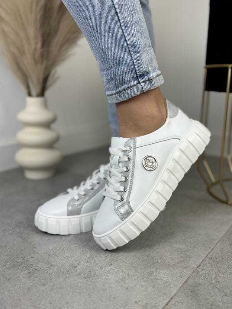 Białe Skórzane Sneakersy Damskie – GOODIN GD-XF-71 White/Silwer - Styl miejski